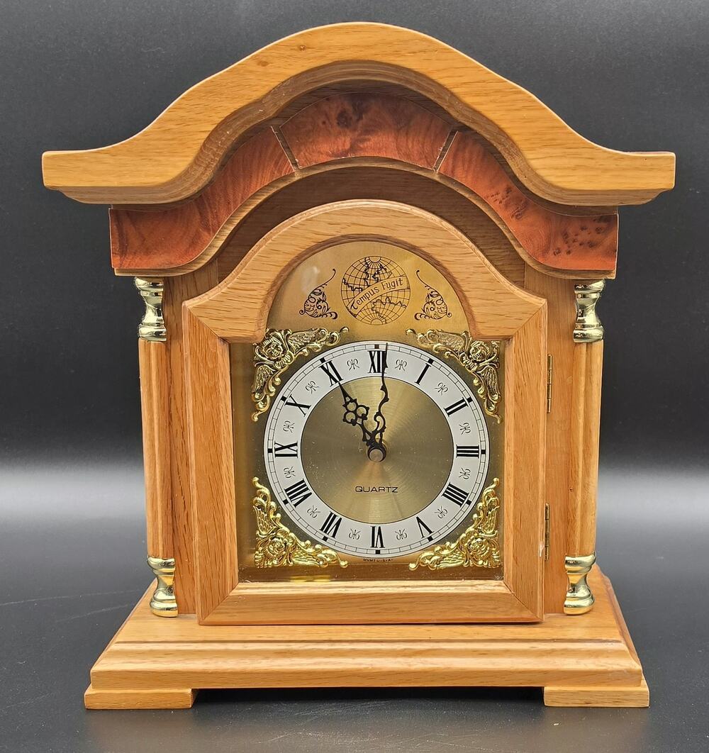 Vintage Tempus Fugit Quartz Mantle Clock Solid Wood & Brass 13" Works Perfectly